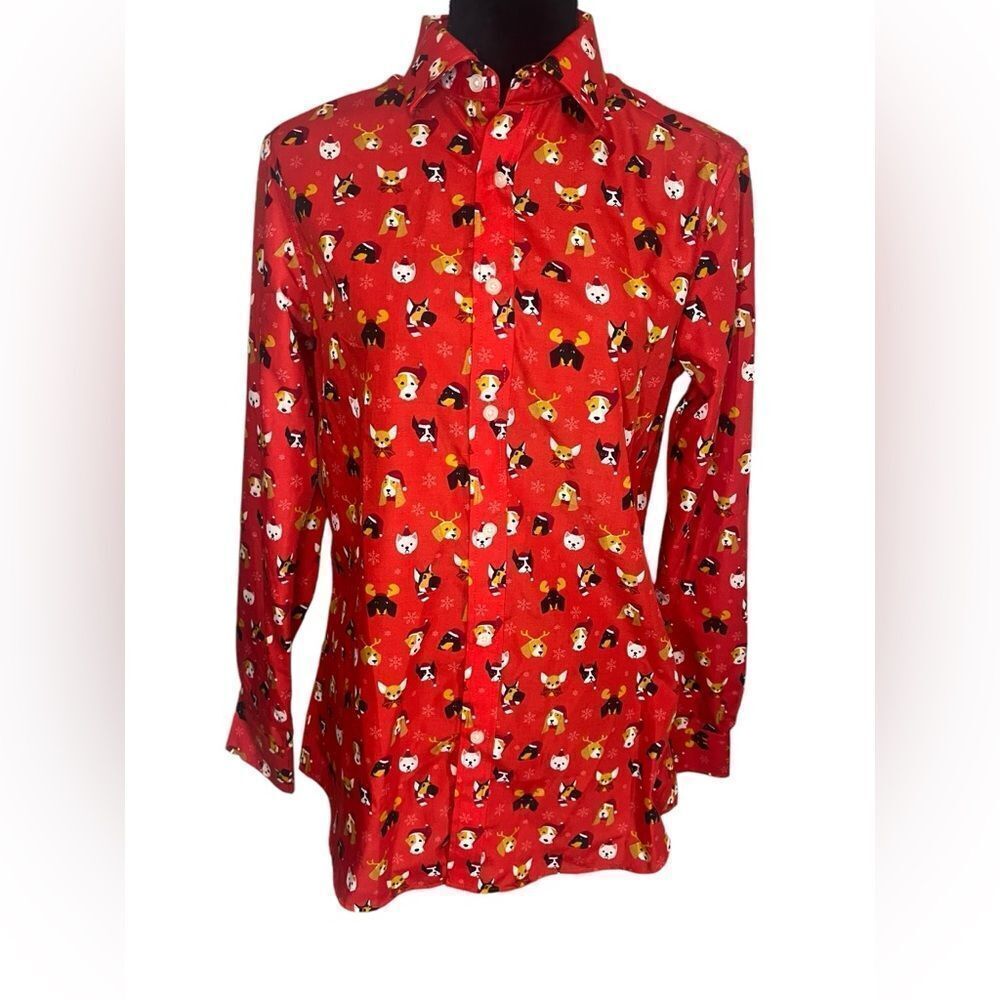 SIMON BANKS CHRISTMAS FESTIVE HOLIDAY PARTY SANTA CLAUS DOG BUTTON UP MENS SMALL